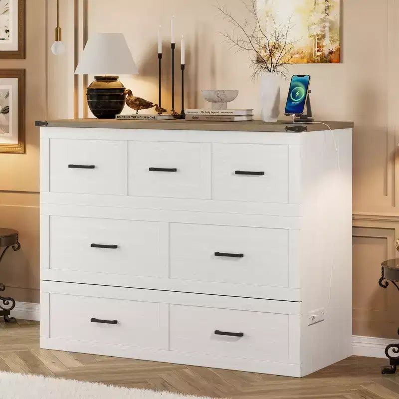 Lit escamotable gris/blanc avec station de charge et tiroir de rangement, grand lit double/queen, 1 à 2 couchages