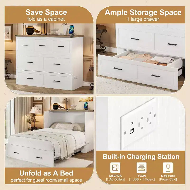 Lit escamotable gris/blanc avec station de charge et tiroir de rangement, grand lit double/queen, 1 à 2 couchages