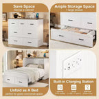Lit escamotable gris/blanc avec station de charge et tiroir de rangement, grand lit double/queen, 1 à 2 couchages
