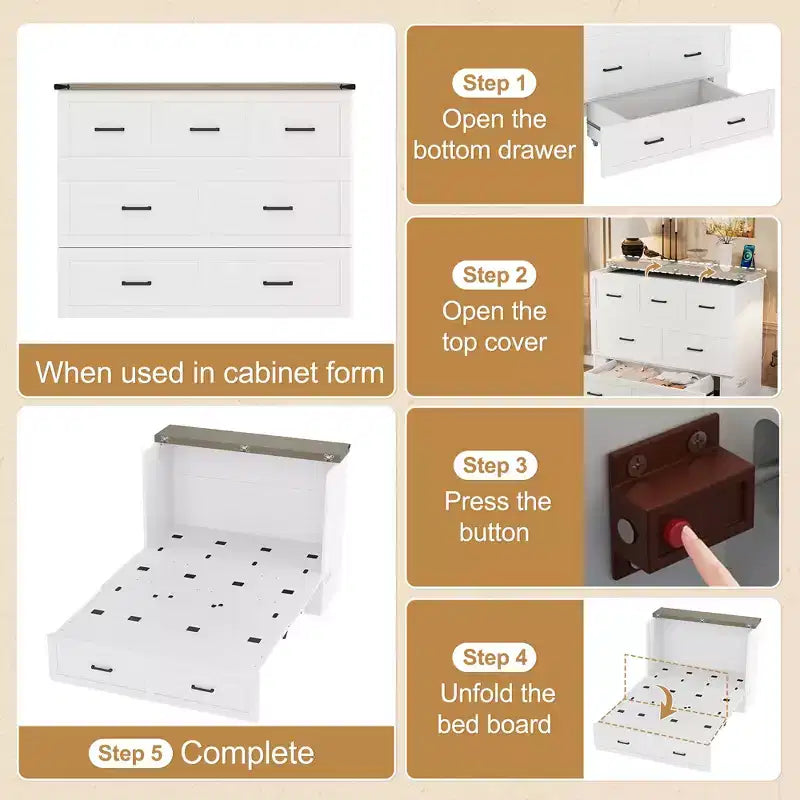 Lit escamotable gris/blanc avec station de charge et tiroir de rangement, grand lit double/queen, 1 à 2 couchages