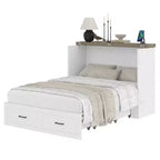 Lit escamotable gris/blanc avec station de charge et tiroir de rangement, grand lit double/queen, 1 à 2 couchages