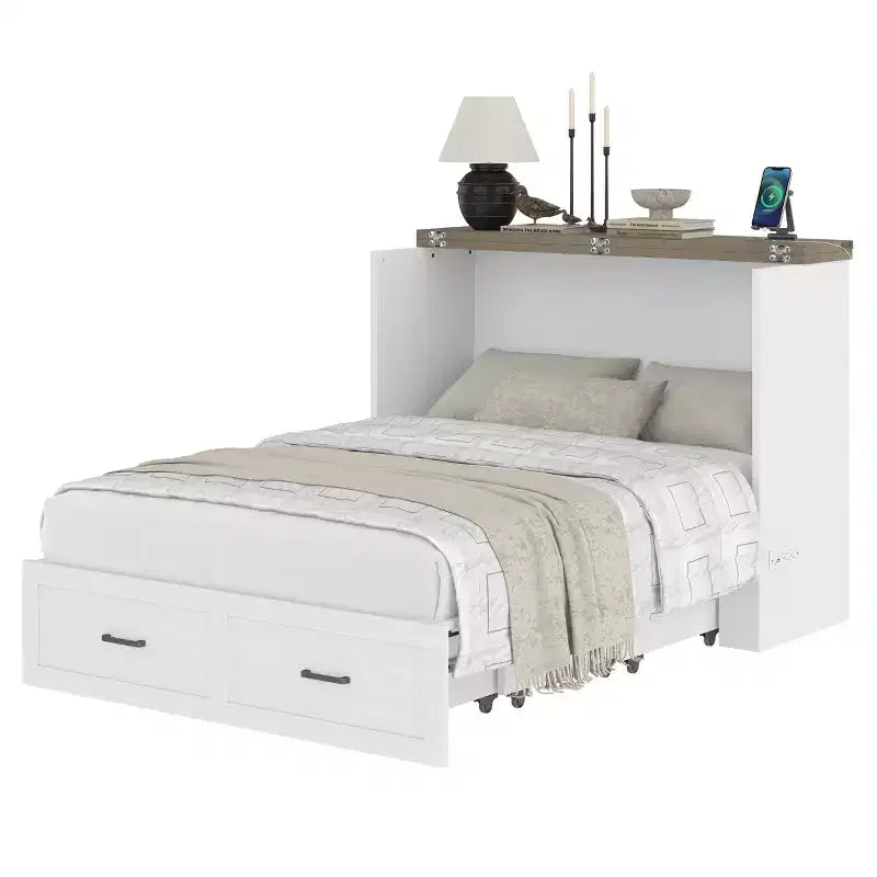 Lit escamotable gris/blanc avec station de charge et tiroir de rangement, grand lit double/queen, 1 à 2 couchages