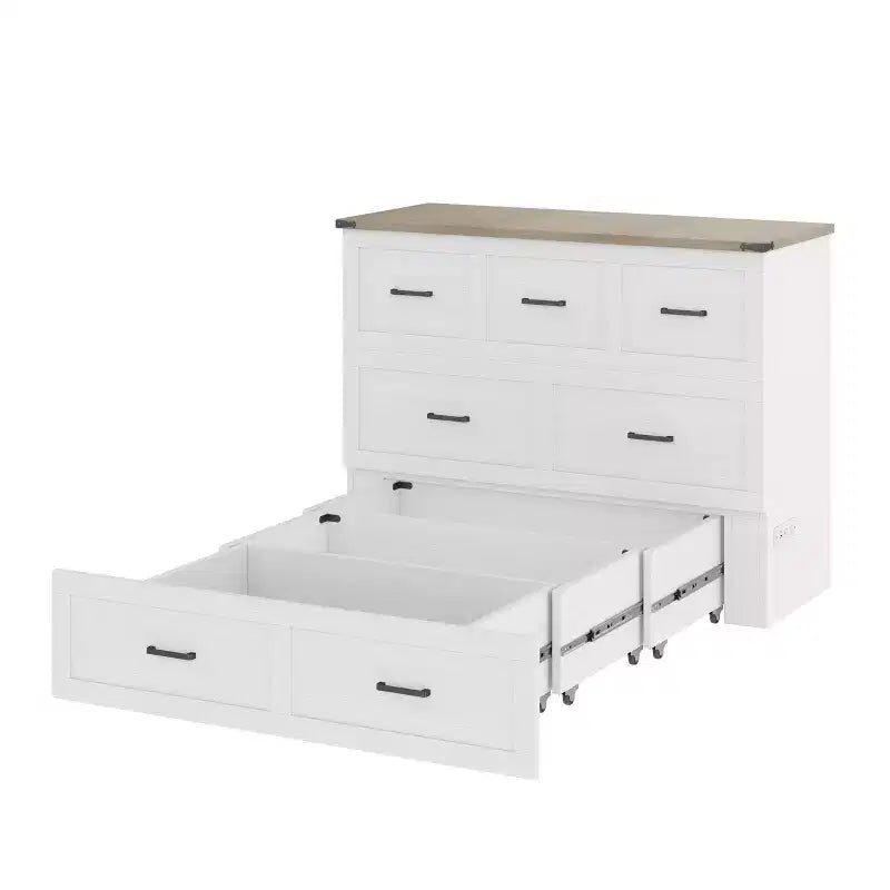 Lit escamotable gris/blanc avec station de charge et tiroir de rangement, grand lit double/queen, 1 à 2 couchages
