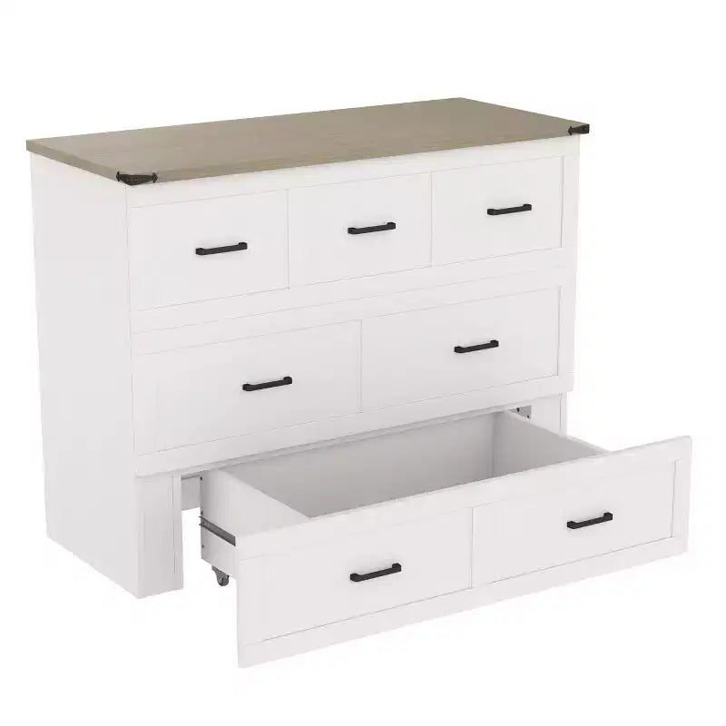 Lit escamotable gris/blanc avec station de charge et tiroir de rangement, grand lit double/queen, 1 à 2 couchages
