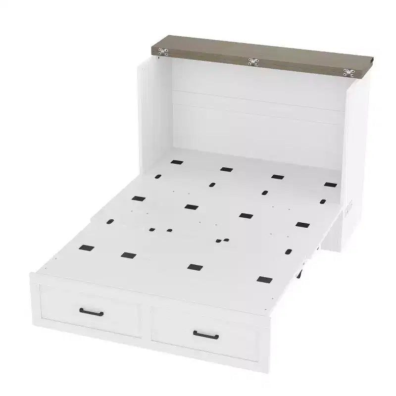 Lit escamotable gris/blanc avec station de charge et tiroir de rangement, grand lit double/queen, 1 à 2 couchages