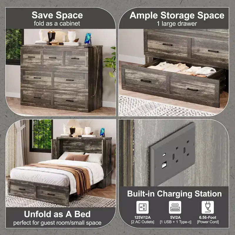 Lit escamotable gris/blanc avec station de charge et tiroir de rangement, grand lit double/queen, 1 à 2 couchages