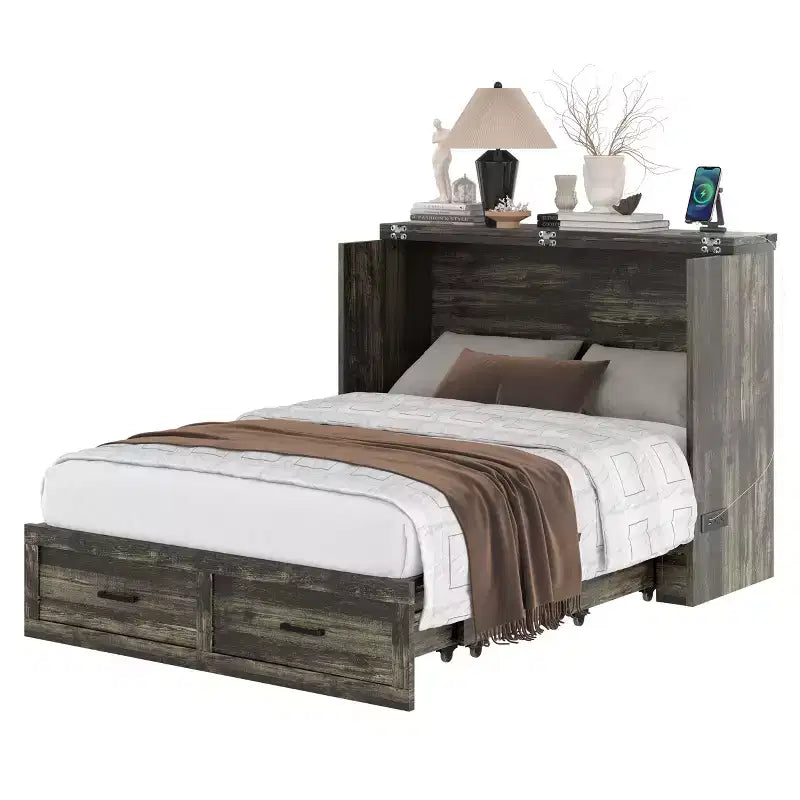 Lit escamotable gris/blanc avec station de charge et tiroir de rangement, grand lit double/queen, 1 à 2 couchages