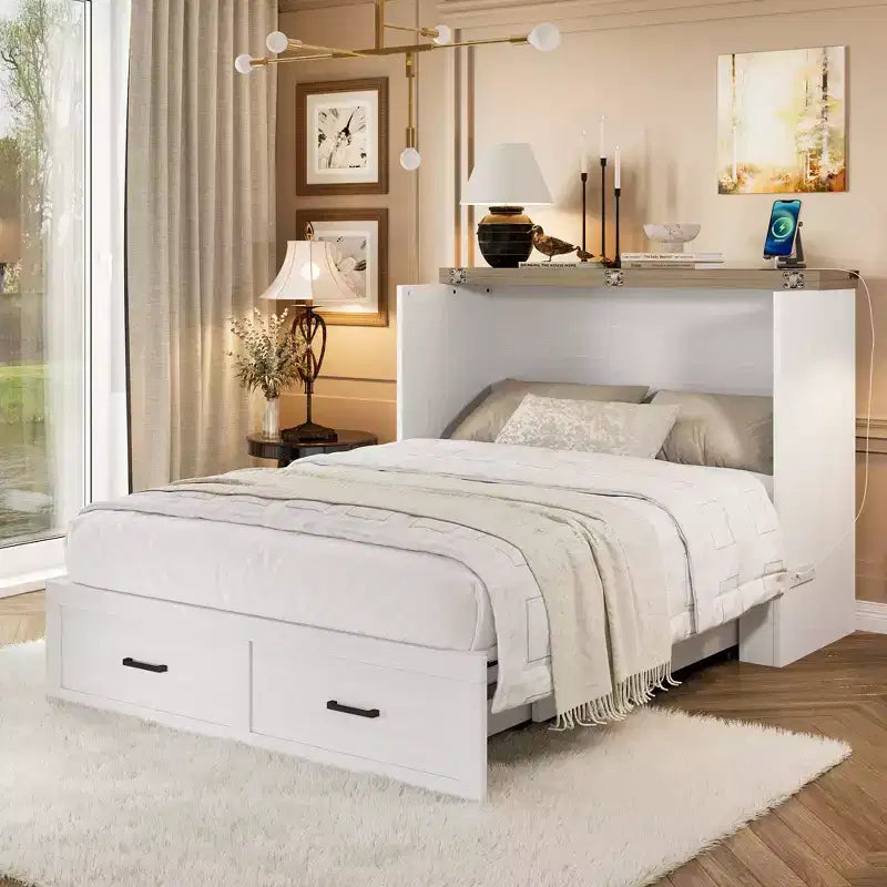 Lit escamotable gris/blanc avec station de charge et tiroir de rangement, grand lit double/queen, 1 à 2 couchages
