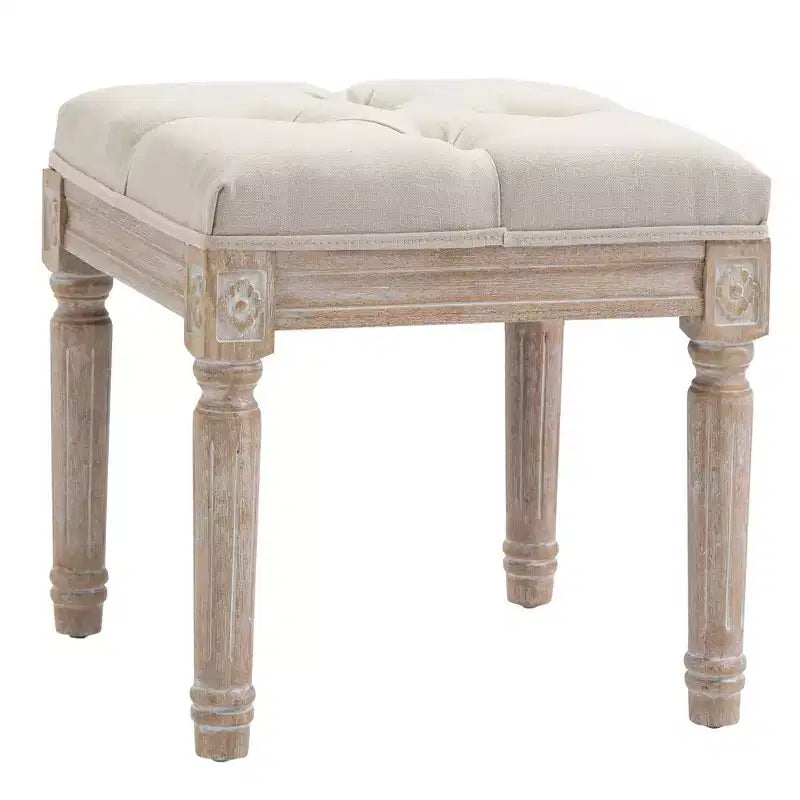 Ottoman Bench Vintage Footrest w/ Button Tufted Seat, Carved Wooden Legs