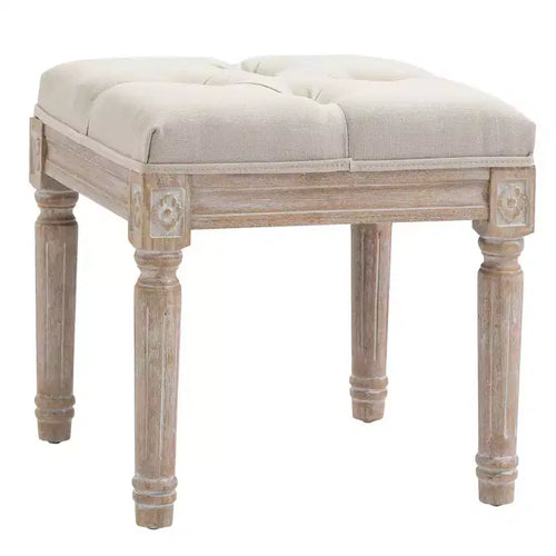 Ottoman Bench Vintage Footrest w/ Button Tufted Seat, Carved Wooden Legs