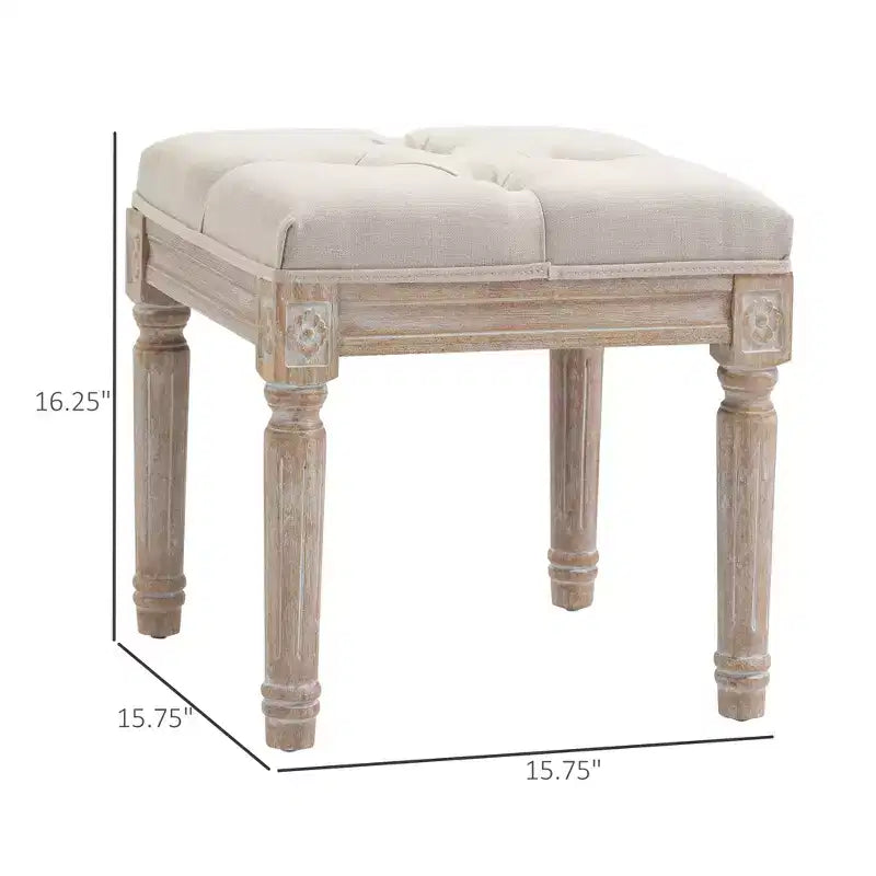 Ottoman carré beige avec assise capitonnée et pieds sculptés, simple