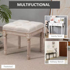 Ottoman carré beige avec assise capitonnée et pieds sculptés, simple