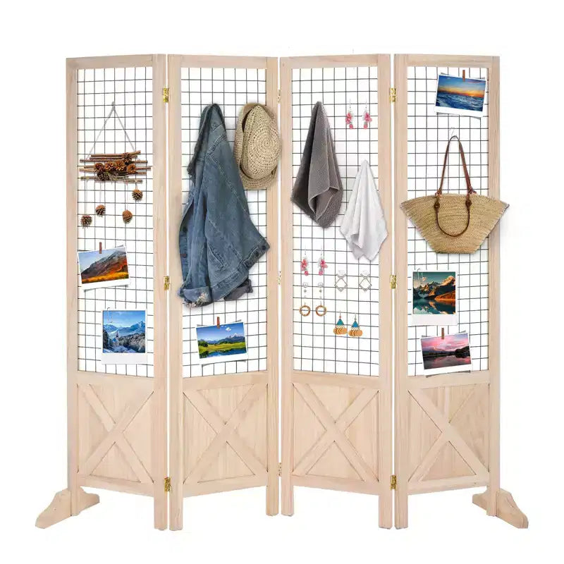 VINGLI 5ft Room Divider Freestanding Gridwall, 4 Panel Folding Display Board Organizer with Feet, Wooden Frame for Craft Shows Events Retail(Natural)