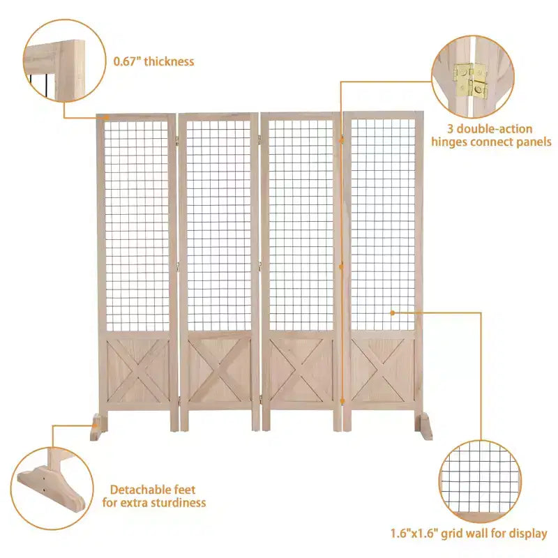 Séparateur de pièce pliant 4 panneaux en bois naturel avec pieds, 1,5 m