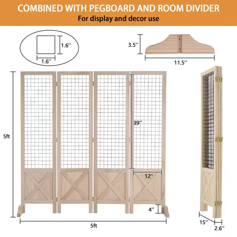 Séparateur de pièce pliant 4 panneaux en bois naturel avec pieds, 1,5 m