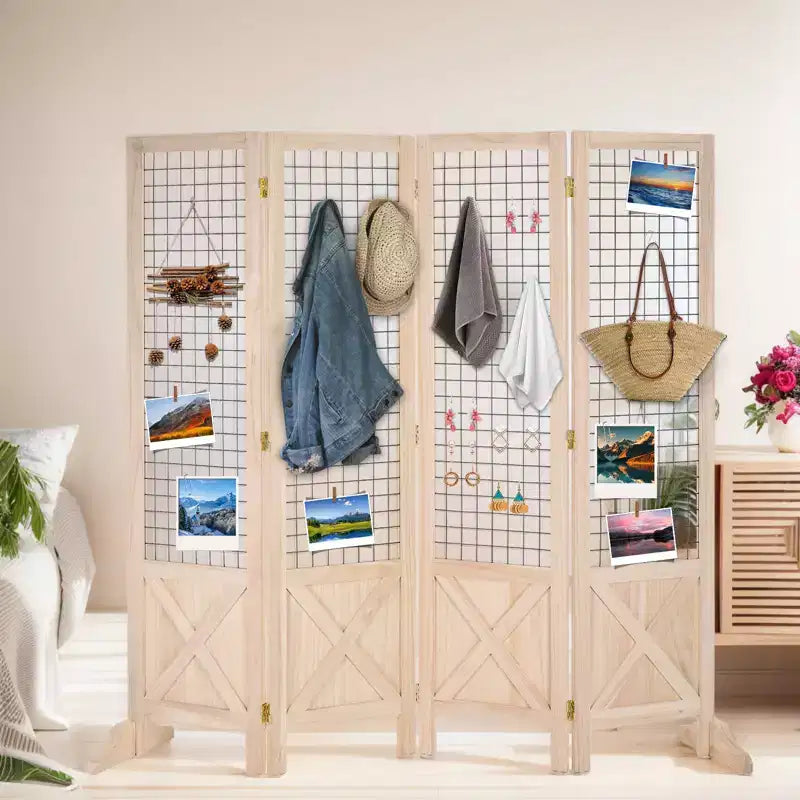 Séparateur de pièce pliant 4 panneaux en bois naturel avec pieds, 1,5 m