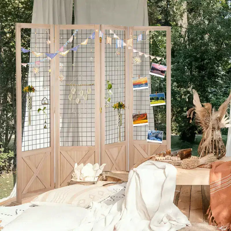 Séparateur de pièce pliant 4 panneaux en bois naturel avec pieds, 1,5 m