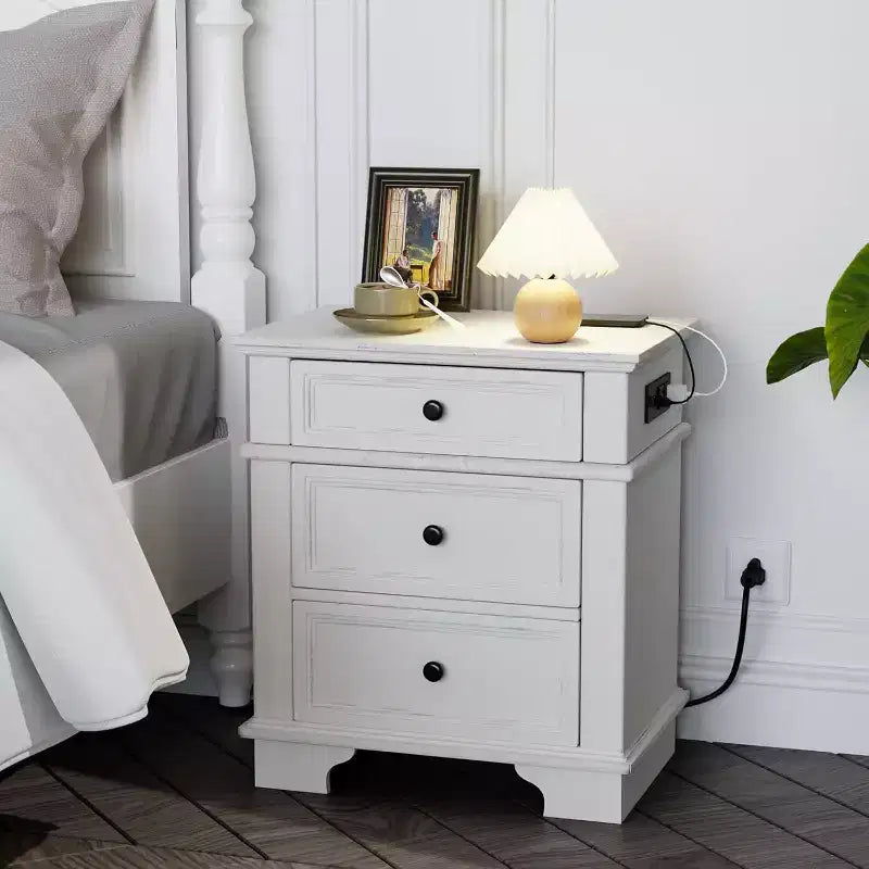 VINGLI Nightstand with Charging Station, 24 W Large Nightstand with 3 Textured Drawers