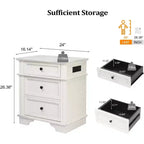 Table de chevet rustique blanche avec station de charge, 3 tiroirs, simple