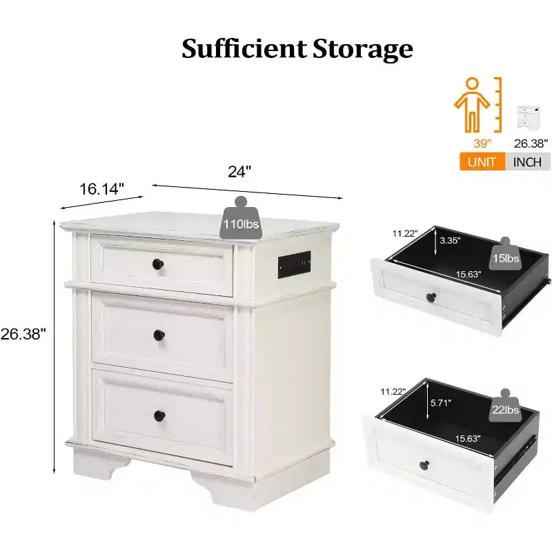 Table de chevet rustique blanche avec station de charge, 3 tiroirs, simple