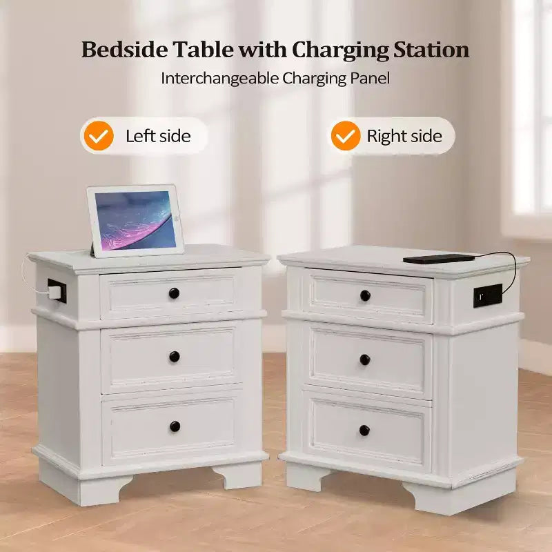 Table de chevet rustique blanche avec station de charge, 3 tiroirs, simple