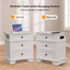 Table de chevet rustique blanche avec station de charge, 3 tiroirs, simple