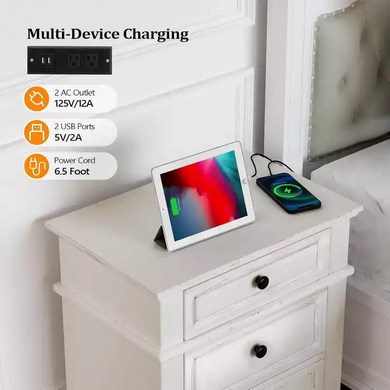 Table de chevet rustique blanche avec station de charge, 3 tiroirs, simple