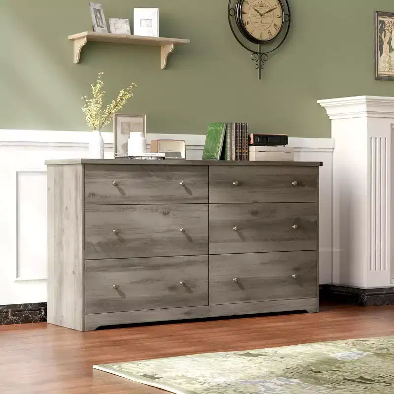 VINGLI 59 Dresser Wood, 6 Drawer Dresser, Grey Dresser for Bedroom,Antique Grey Large Dresser