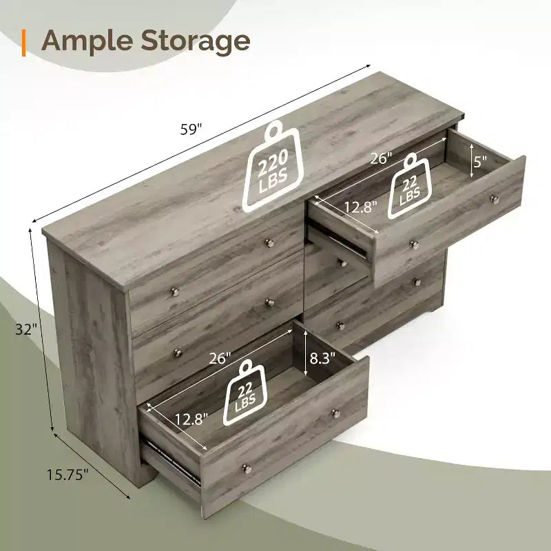 Commode à 6 tiroirs en bois gris, 150 cm de large