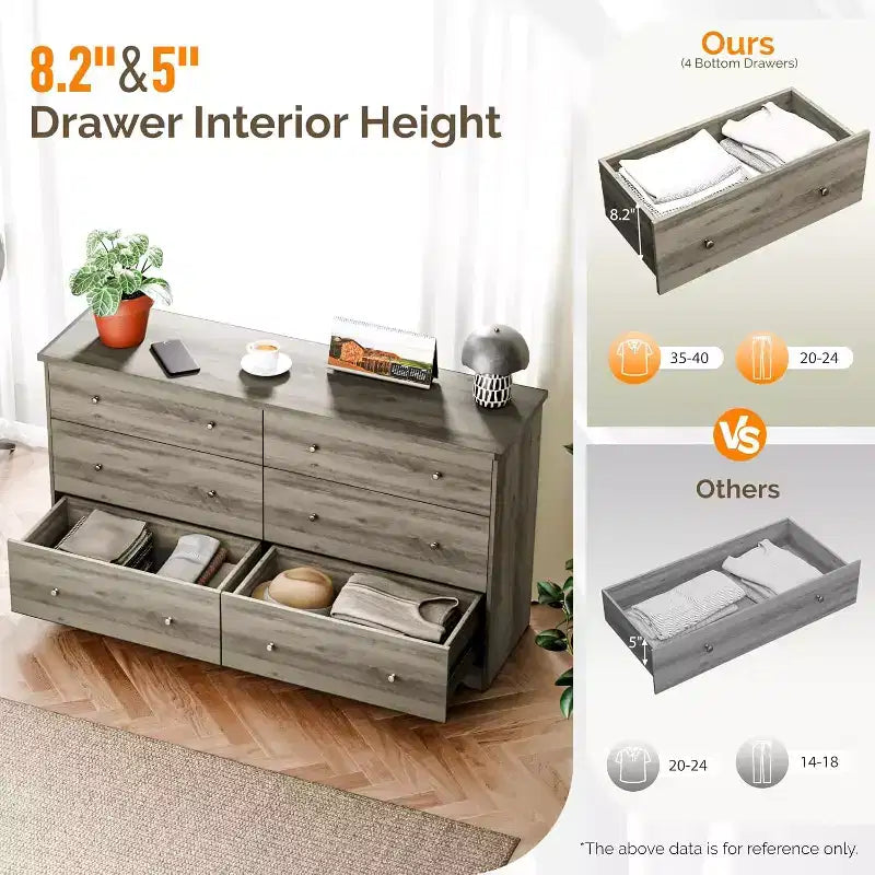 Commode à 6 tiroirs en bois gris, 150 cm de large