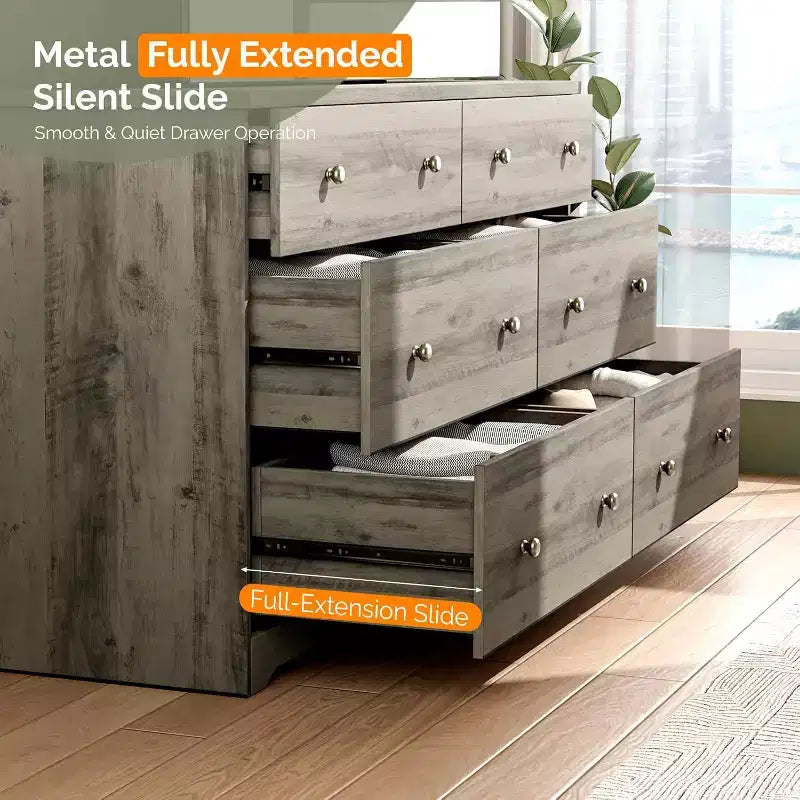 Commode à 6 tiroirs en bois gris, 150 cm de large