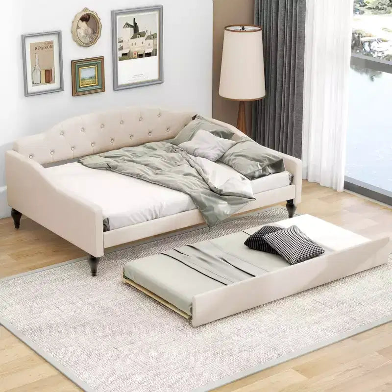Upholstered Tufted Full Daybed with Button Tufted Backrest, Wood Full Size Daybed Framed for Bedroom, Beige