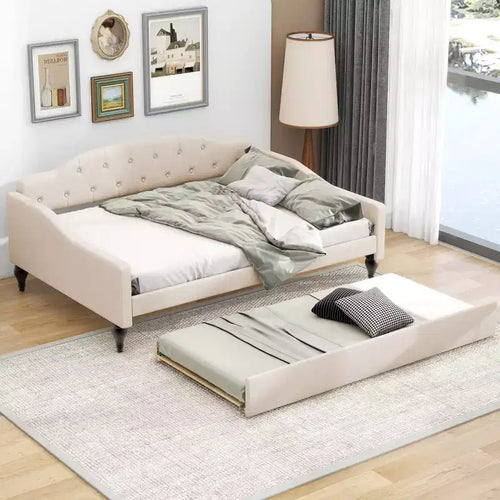 Upholstered Tufted Full Daybed with Button Tufted Backrest, Wood Full Size Daybed Framed for Bedroom, Beige