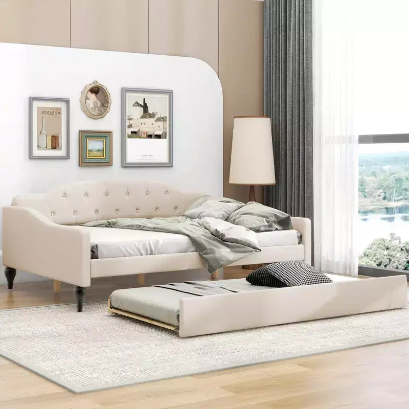 Lit de repos capitonné beige, grand format, 1 place