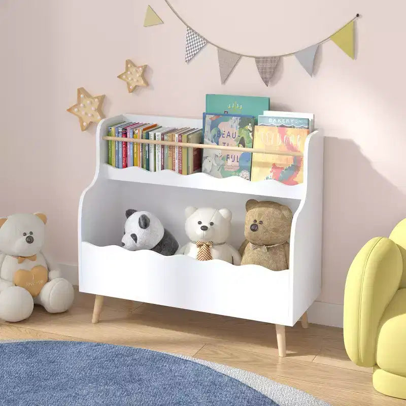 Whisen Two-Tier Kids Bookcaes, Children Book Organizer, Toy Storage Cabinet Organizer with Light-Colored Wooden Legs - White