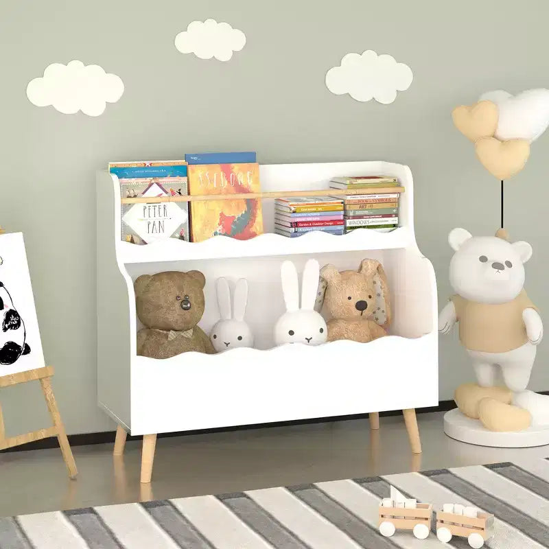 Étagère à livres blanche à deux niveaux pour enfants avec compartiments ondulés et pieds en bois