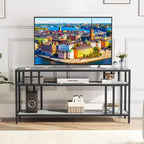 Meuble TV à étagères ouvertes à 2 niveaux, marron et gris, compatible avec les téléviseurs jusqu'à 65 po