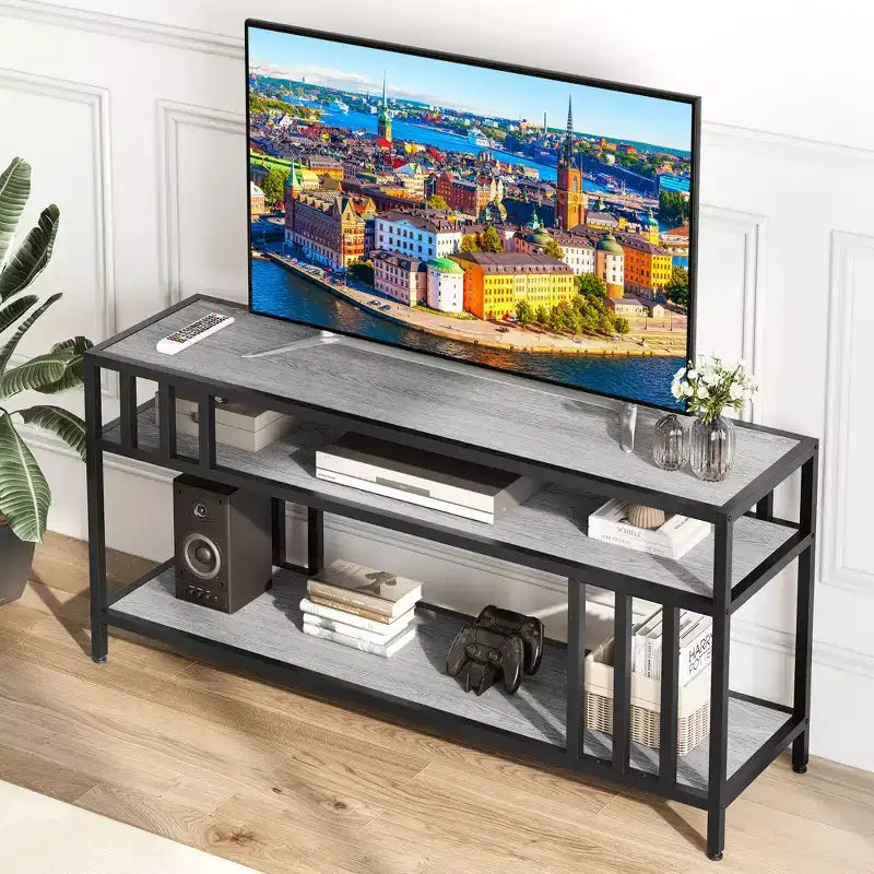 Meuble TV à étagères ouvertes à 2 niveaux, marron et gris, compatible avec les téléviseurs jusqu'à 65 po