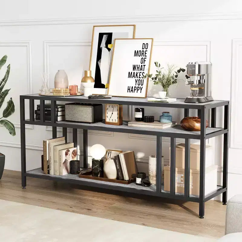 Meuble TV à étagères ouvertes à 2 niveaux, marron et gris, compatible avec les téléviseurs jusqu'à 65 po