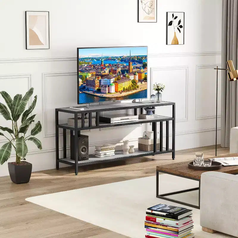 Meuble TV à étagères ouvertes à 2 niveaux, marron et gris, compatible avec les téléviseurs jusqu'à 65 po