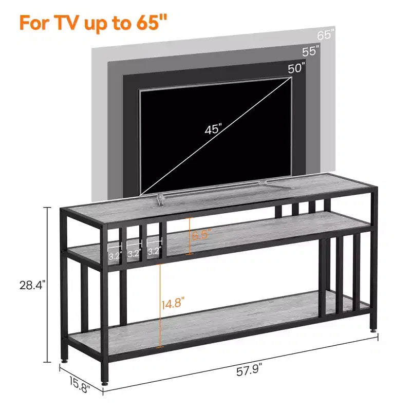 Meuble TV à étagères ouvertes à 2 niveaux, marron et gris, compatible avec les téléviseurs jusqu'à 65 po