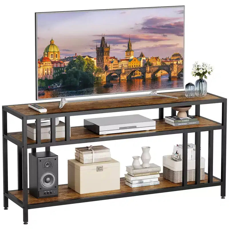 Meuble TV à étagères ouvertes à 2 niveaux, marron et gris, compatible avec les téléviseurs jusqu'à 65 po