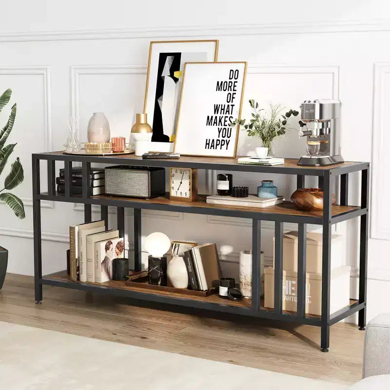 Meuble TV à étagères ouvertes à 2 niveaux, marron et gris, compatible avec les téléviseurs jusqu'à 65 po