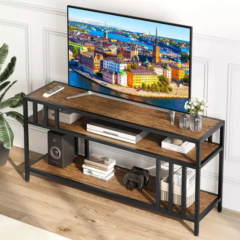 Meuble TV à étagères ouvertes à 2 niveaux, marron et gris, compatible avec les téléviseurs jusqu'à 65 po