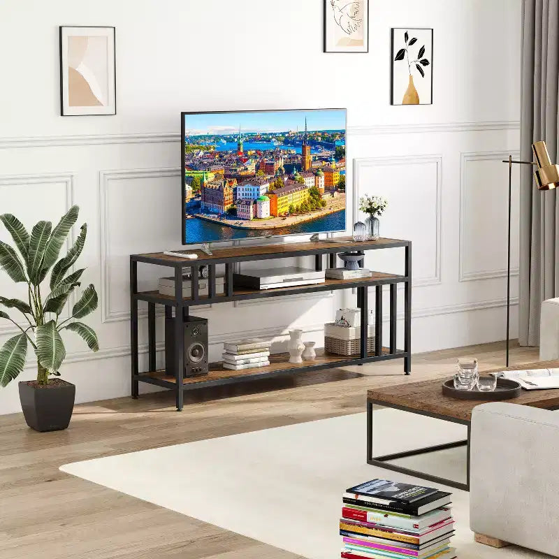 Meuble TV à étagères ouvertes à 2 niveaux, marron et gris, compatible avec les téléviseurs jusqu'à 65 po