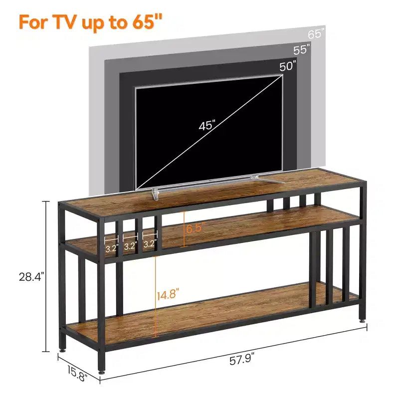 Meuble TV à étagères ouvertes à 2 niveaux, marron et gris, compatible avec les téléviseurs jusqu'à 65 po