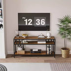 Meuble TV à étagères ouvertes à 2 niveaux, marron et gris, compatible avec les téléviseurs jusqu'à 65 po