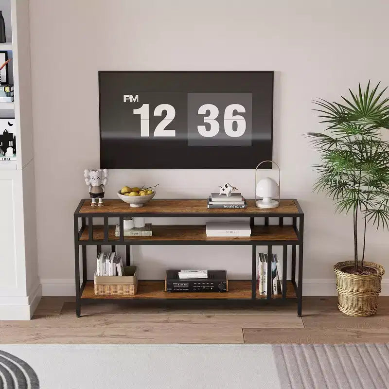 Meuble TV à étagères ouvertes à 2 niveaux, marron et gris, compatible avec les téléviseurs jusqu'à 65 po
