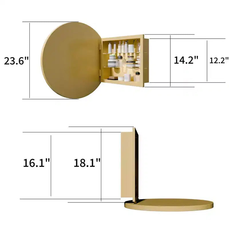 Armoire à pharmacie murale ronde noire/dorée avec miroir, 23,6 po