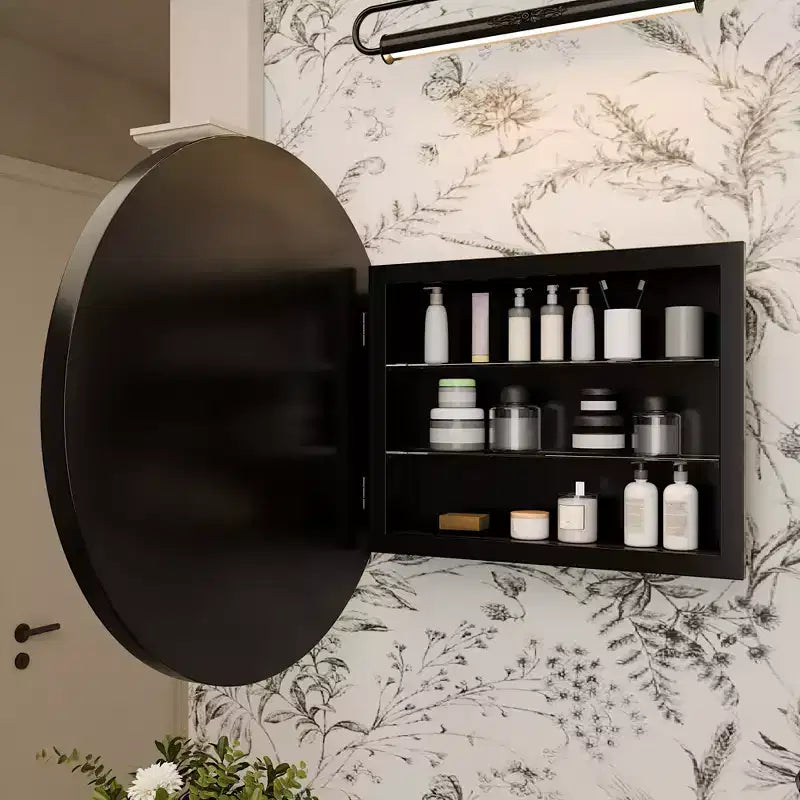 Armoire à pharmacie murale ronde noire/dorée avec miroir, 23,6 po